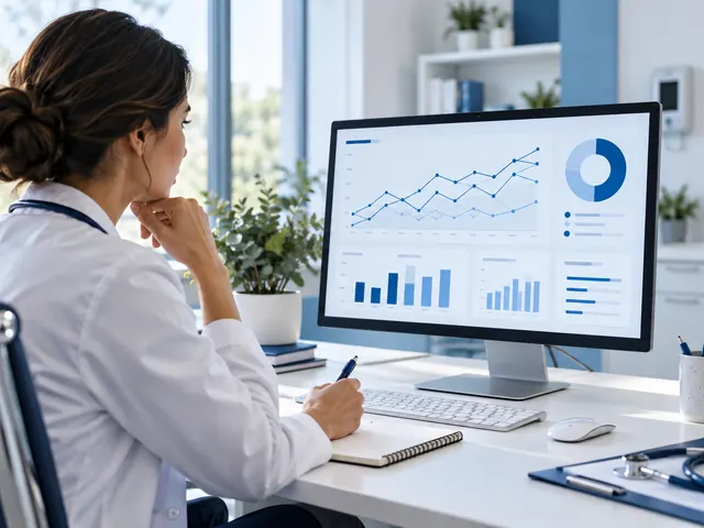 Panel de analítica con gráficas en un escritorio médico